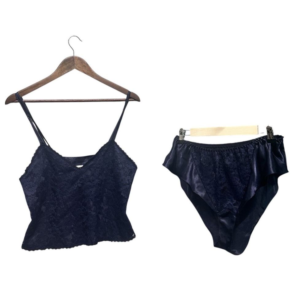 Vintage Victoria Secret 2 Piece Lingerie Medium Blue Black Womens Sexy Set